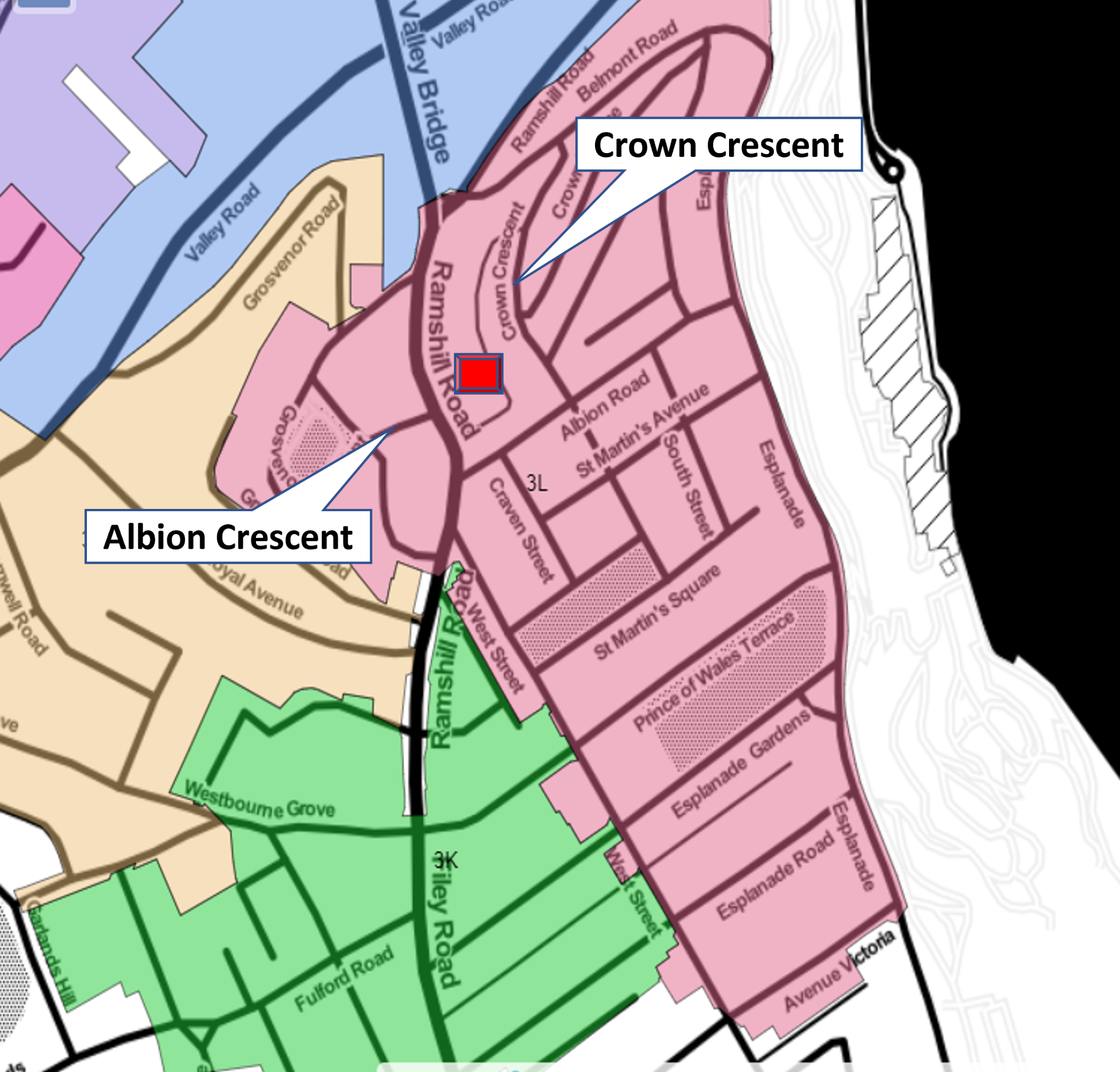 Map showing Albion Crescent and Crown Crescent near Belvedere
